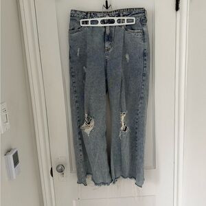 Avec Les Filles Light Blue Distressed Cropped Flare Jeans